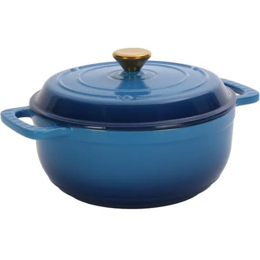 Cast Iron 6QT Cooking Pot - Gradient Blue - Includes Two Silicone Gloves - Enamel Pot