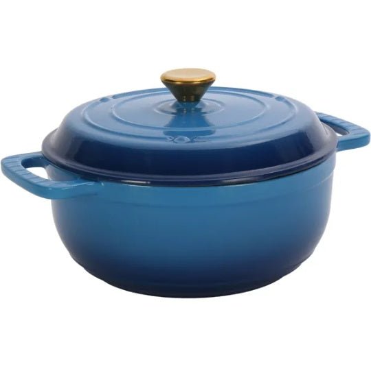 Cast Iron 6QT Cooking Pot - Gradient Blue - Includes Two Silicone Gloves - Enamel Pot