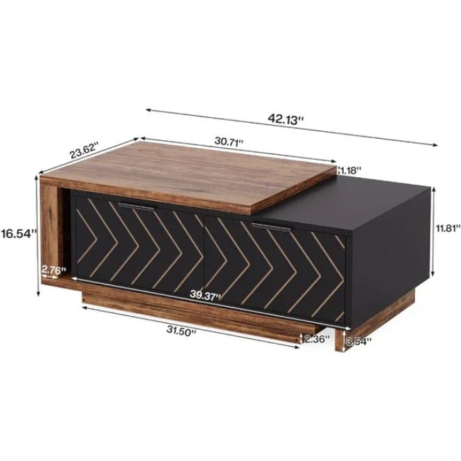 42" Modern Rectangular Coffee Table - Wood Top, Black Base, Center Table with Storage Doors - DonoHome