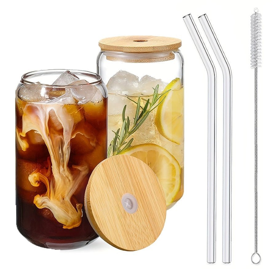 Glass Cup Set with Bamboo Lids & Straws – Clear Drinking Glasses for Coffee, Tea, Juice, Beer