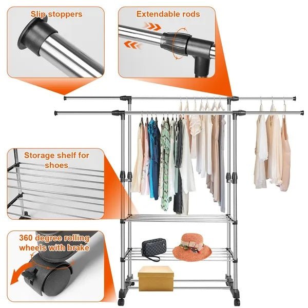 Garment Hanging Rack Extendable Clothing Hanging Rail Organizer With Rolling Wheels Hold Up To 77LBS Max Load