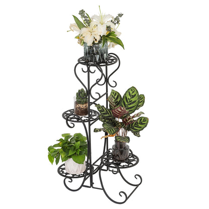 Metal Plant Stand with 4 Round Flower Pot Holders – Black Iron Garden Display Rack