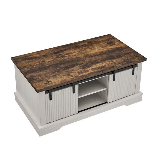 Rustic Farmhouse Coffee Table with Sliding Doors & Storage Shelves - 41 Inch - DonoHome