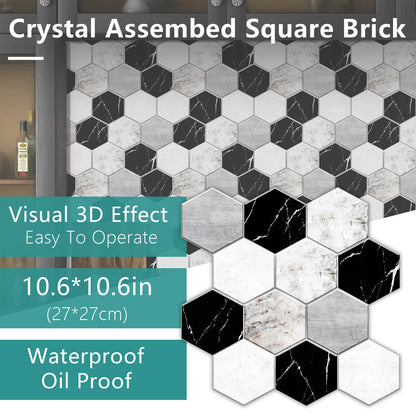 Black & White Marble Hexagonal Peel & Stick Wall Tiles – Waterproof Glossy PVC Backsplash for Kitchen & Bathroom