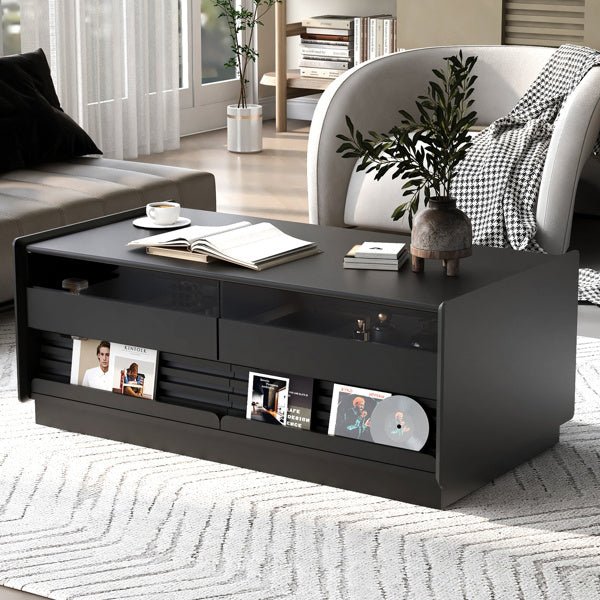 Fluted Wood Style Coffee Table with 4 Drawers, 2 Shelves - Living Room Storage & Decor - DonoHome