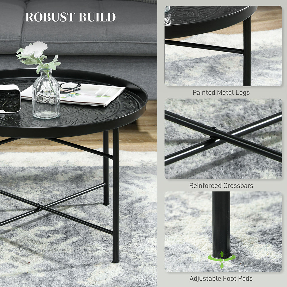 24" Round Hammered Metal Coffee Table with Tray Top – Black