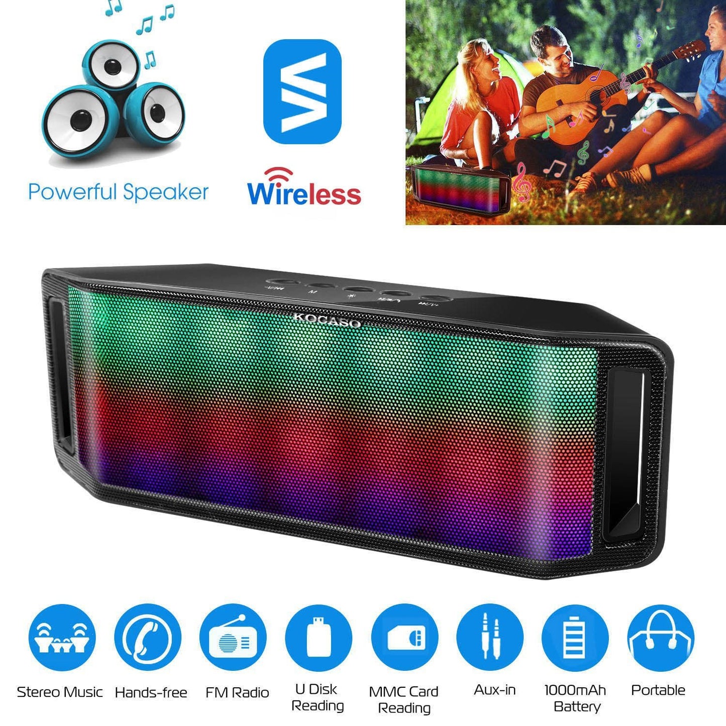Portable Wireless LED Bluetooth Speaker with FM Radio, USB/SD Reading, AUX-in & Multicolor Lights