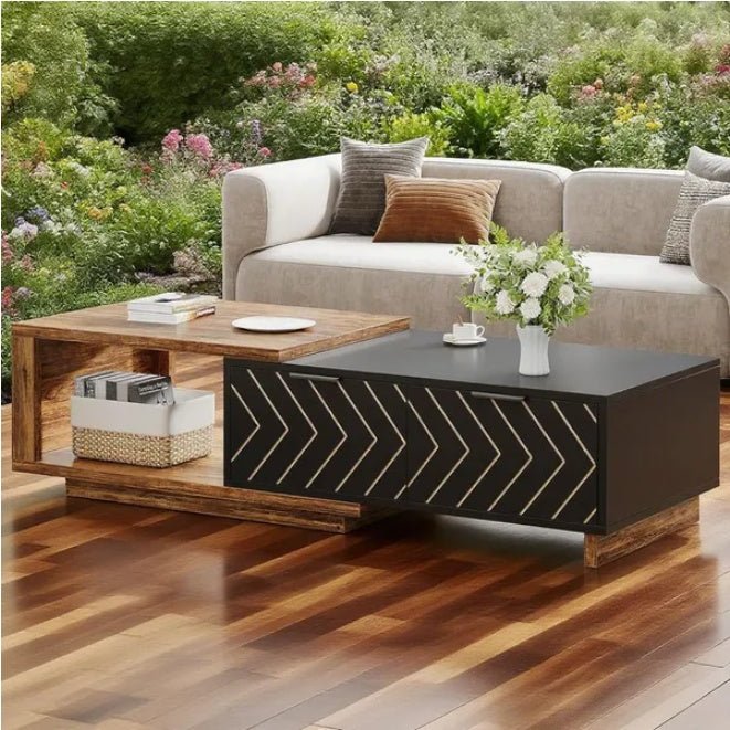 42" Modern Rectangular Coffee Table - Wood Top, Black Base, Center Table with Storage Doors - DonoHome