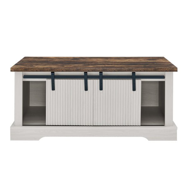 Rustic Farmhouse Coffee Table with Sliding Doors & Storage Shelves - 41 Inch - DonoHome