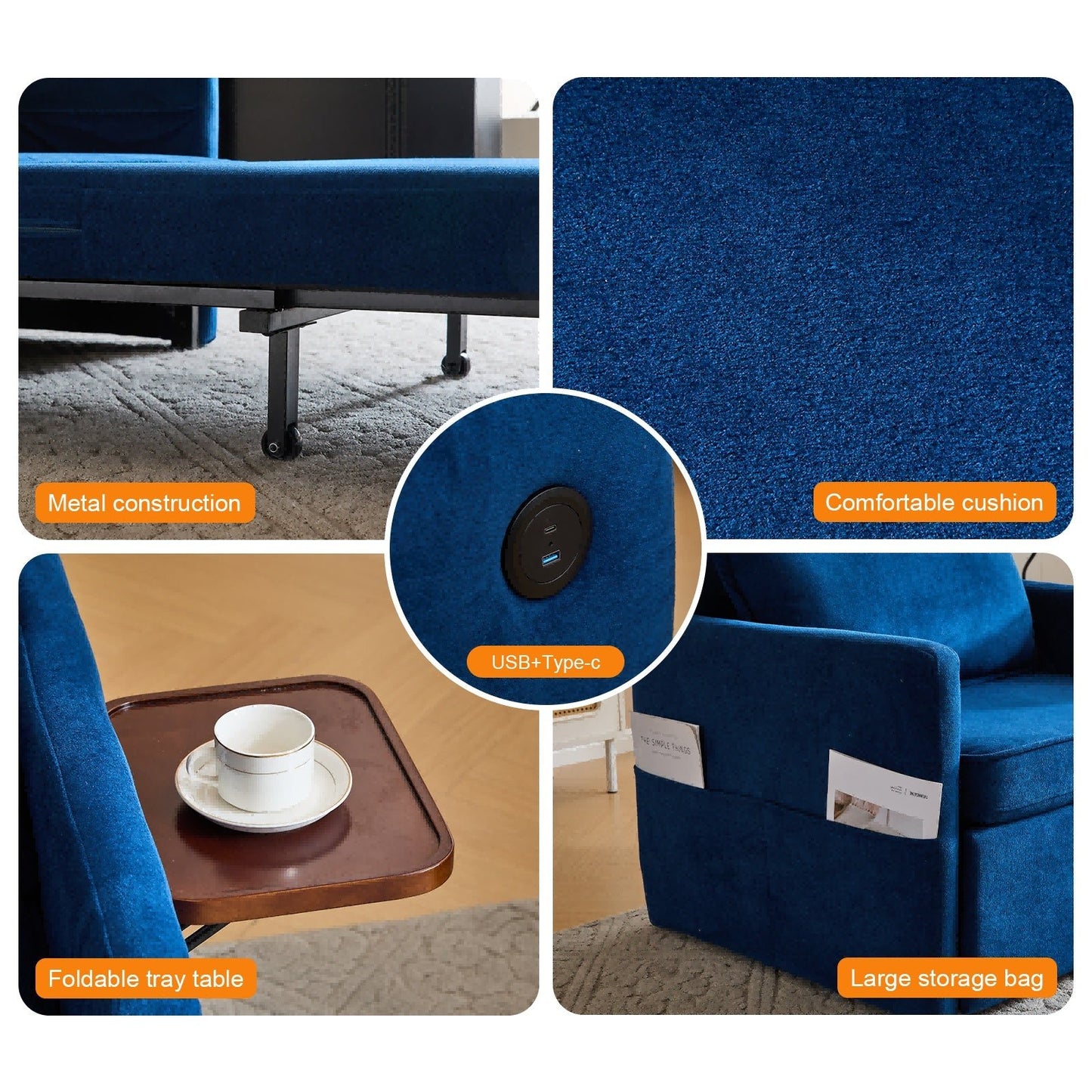 Convertible Sleeper Chair with Charging Ports & Folding Tray Table