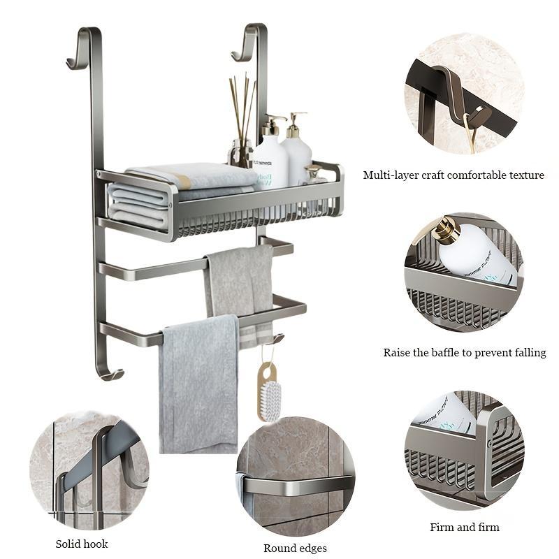 Punch-free Bathroom Towel Rack – Over-the-door Shower Glass Hook with Multi-tier Storage Shelf