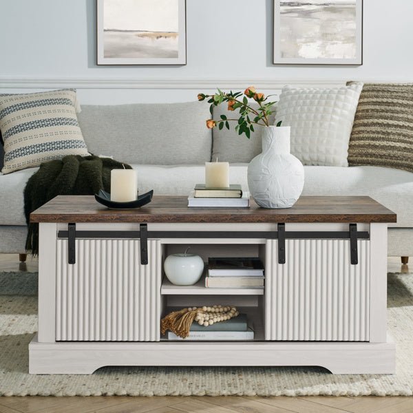 Rustic Farmhouse Coffee Table with Sliding Doors & Storage Shelves - 41 Inch - DonoHome