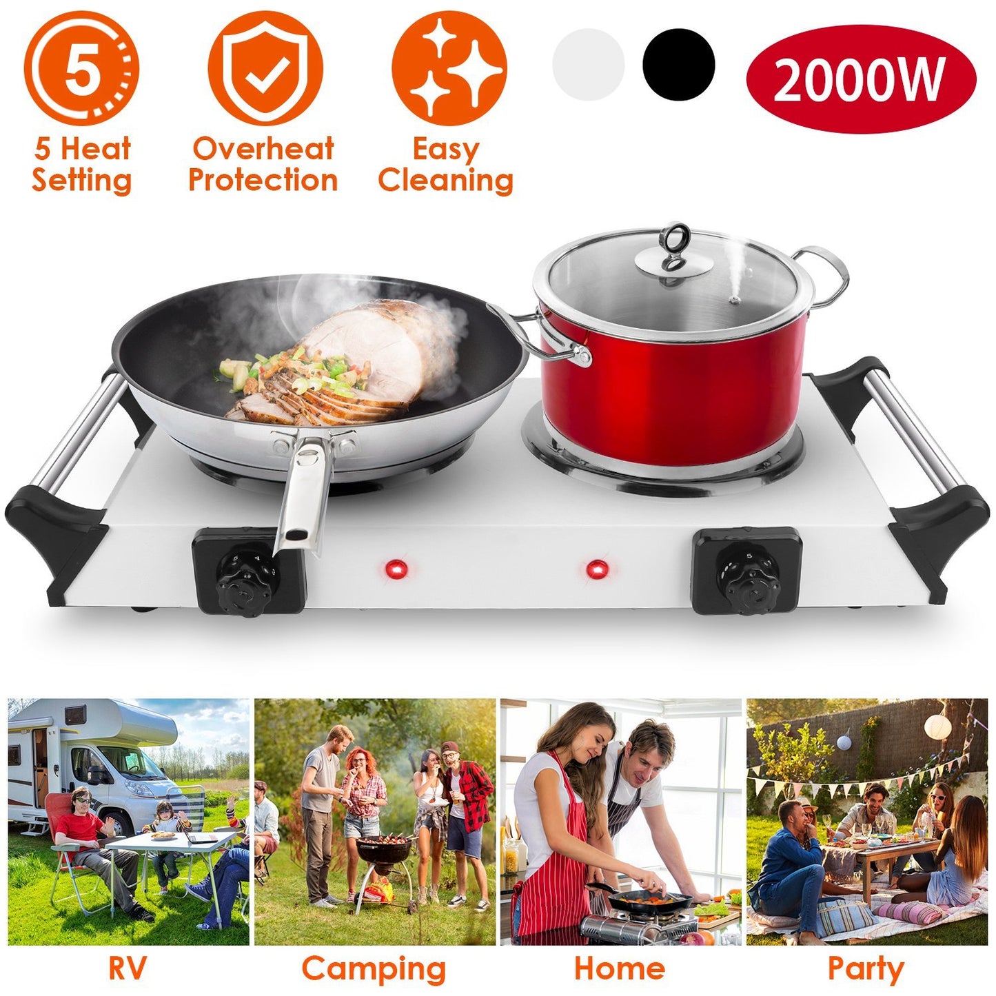 2000W Electric Dual Burner Portable Coil Heating Hot Plate Stove Countertop RV Hotplate With 5 Temperature Adjustments Portable Handles