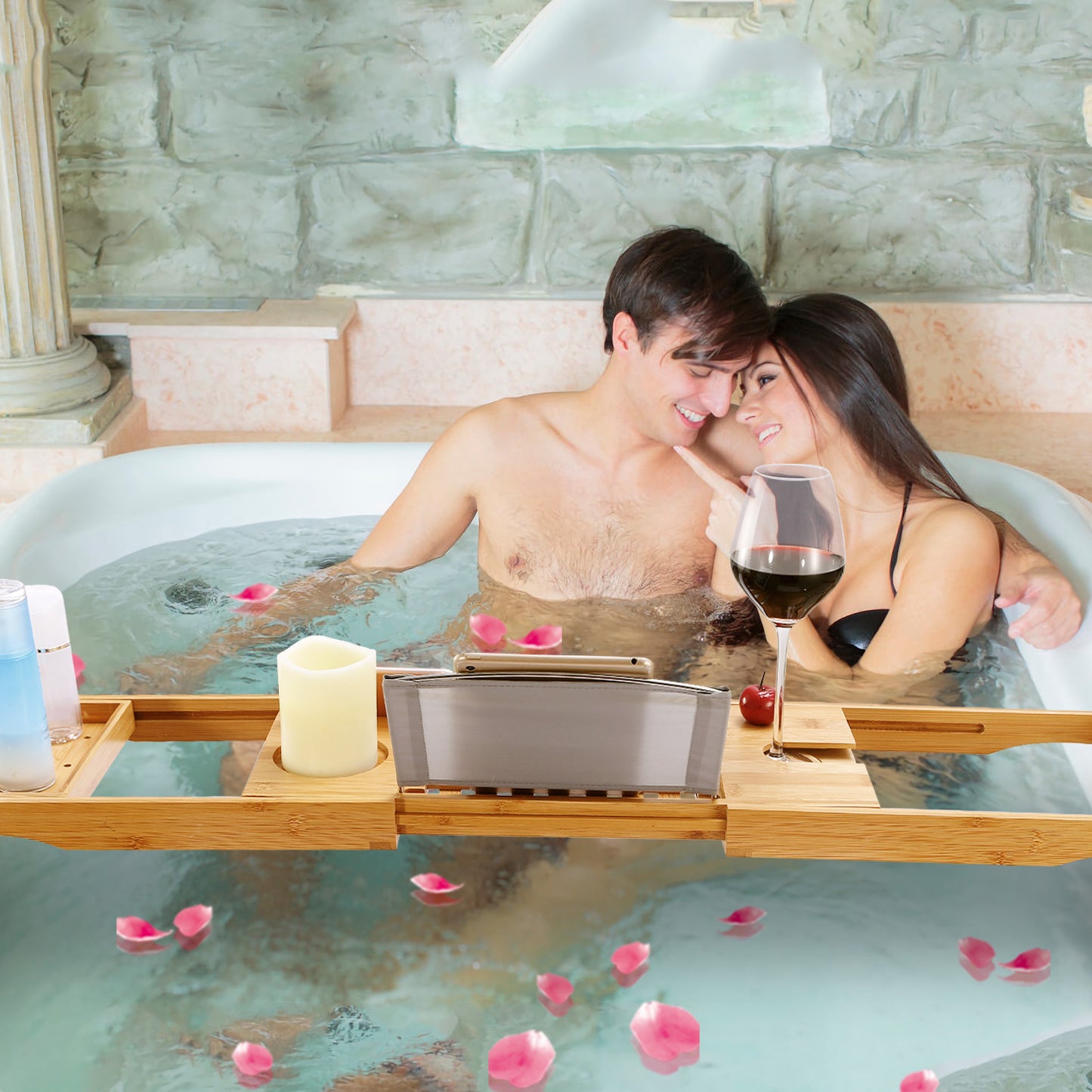 Extendable Bamboo Bathtub Caddy Tray With Wine Glass Holder, Tablet And Phone Rack, Bathroom Spa Bath Tray Table For Relaxing Reading Or Soaking