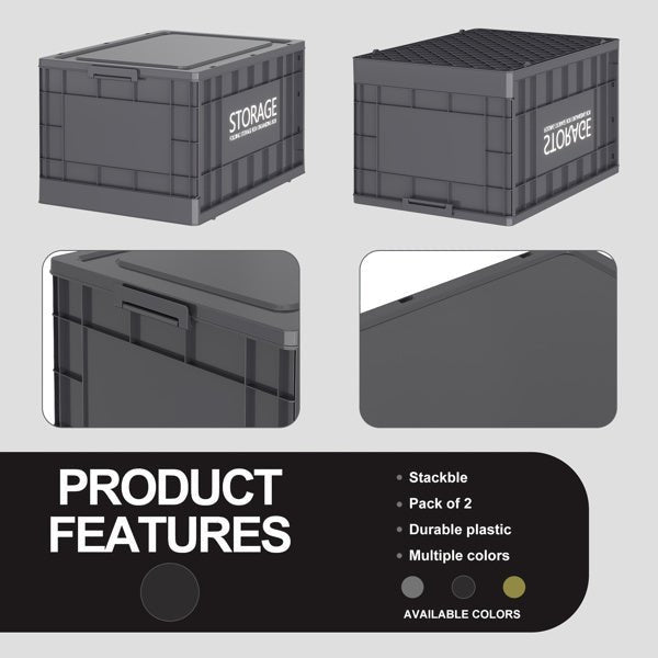 Industrial Style 44L Foldable Storage Box, Stackable Container, Dark Gray