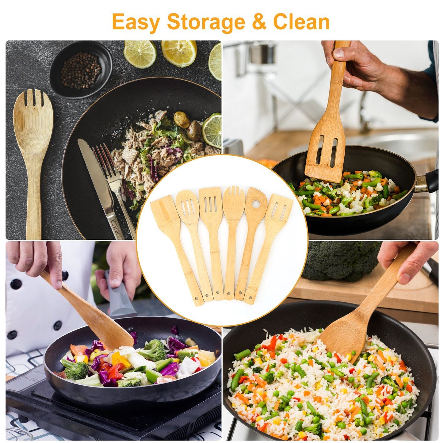 6Pcs Bamboo Wooden Cooking Utensils Set – Spoons & Spatulas for Nonstick Cookware