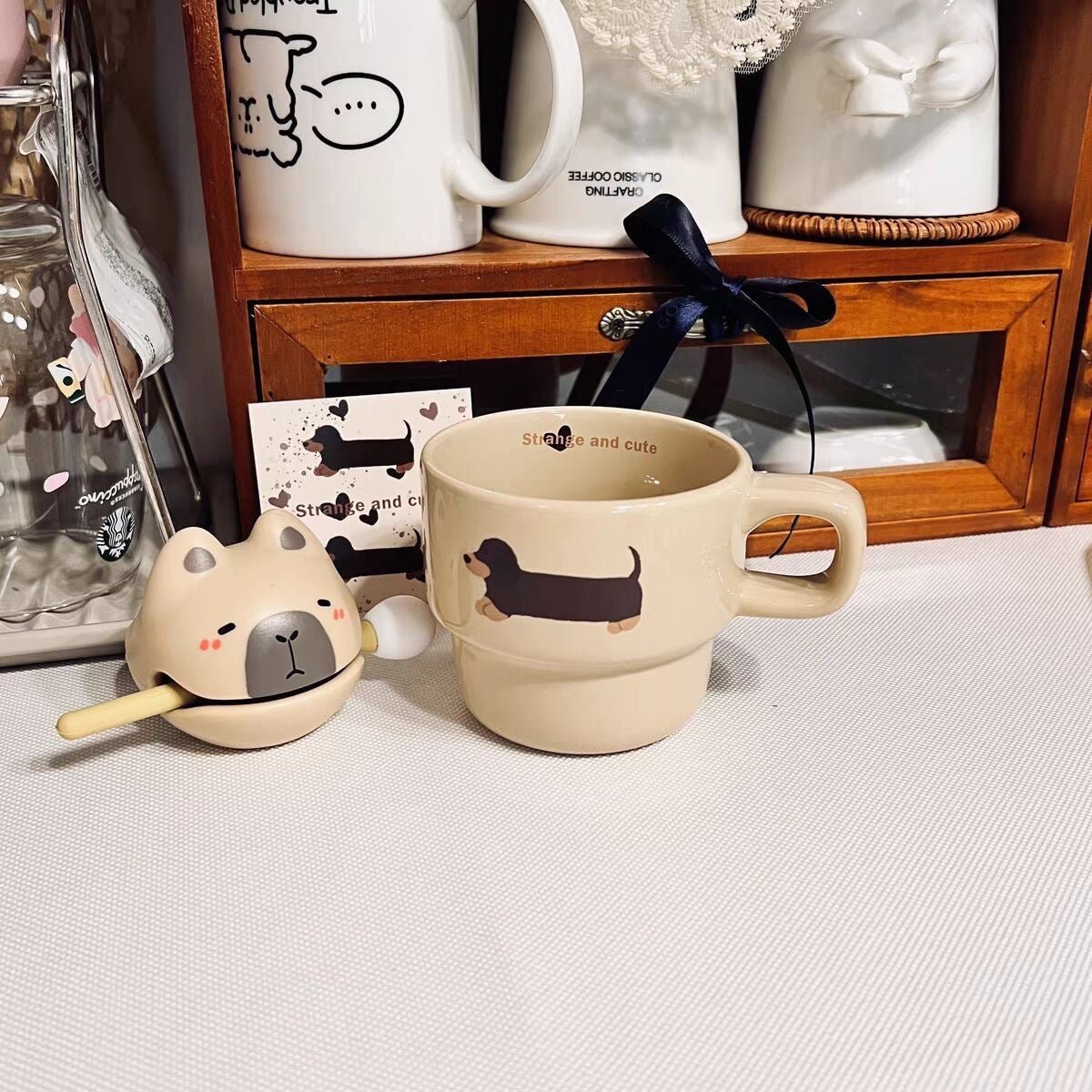 Stackable Ceramic Dachshund Mug with Cartoon Dog Print
