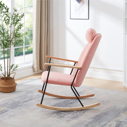 Modern Upholstered Rocking Chair with Headrest & Armrests – Living Room/Bedroom (Pink)
