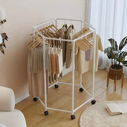 Hexagonal Rotating Clothes Hanger – Freestanding Metal Garment Rack with Wheels
