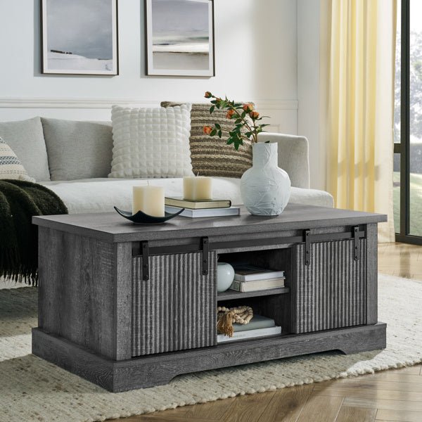 Rustic Farmhouse Coffee Table with Sliding Doors & Storage Shelves - 41 Inch - DonoHome