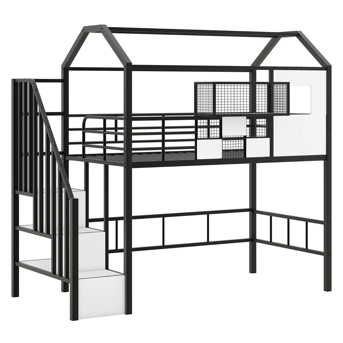 Twin Metal Loft Bed with Roof Design, Guardrails, and Storage Box
