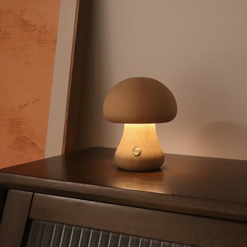Wooden Mushroom LED Night Light, Touch-Activated Bedside Table Lamp