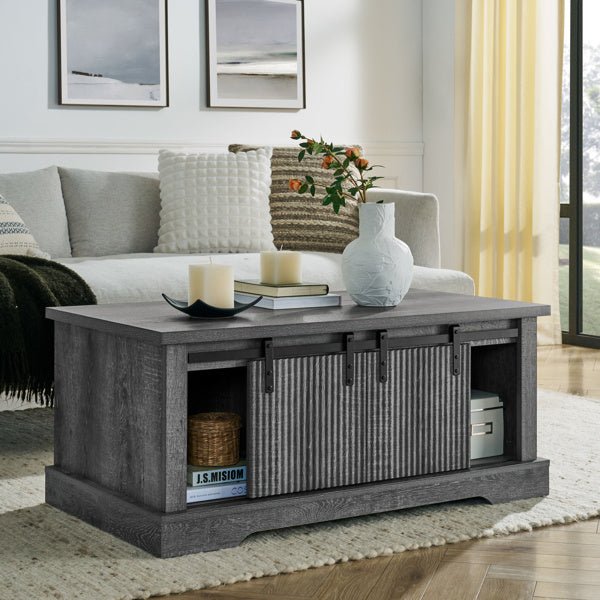 Rustic Farmhouse Coffee Table with Sliding Doors & Storage Shelves - 41 Inch - DonoHome