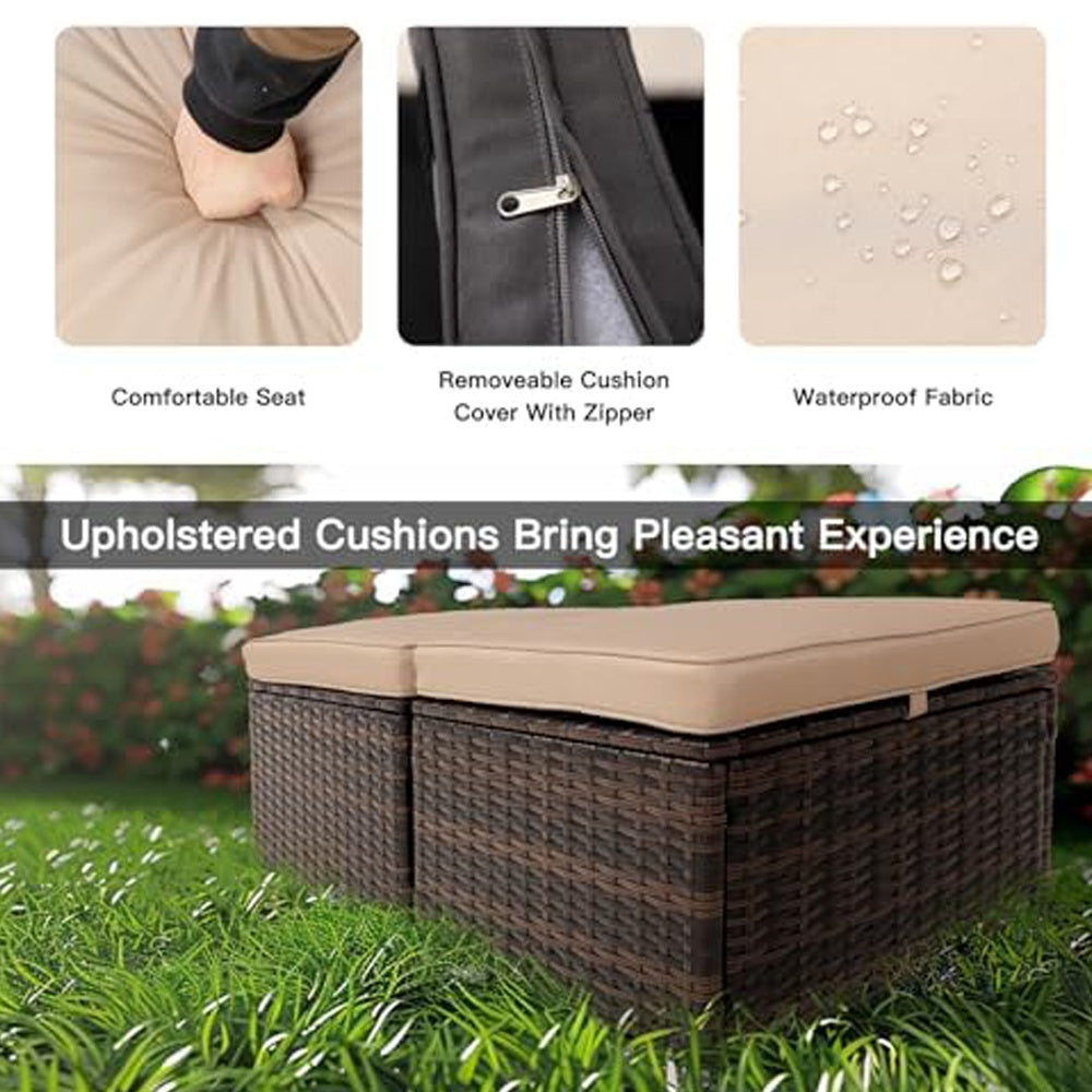 Set of 2 Outdoor Wicker Storage Ottomans with Removable Cushions – Patio Footrest / Side Table