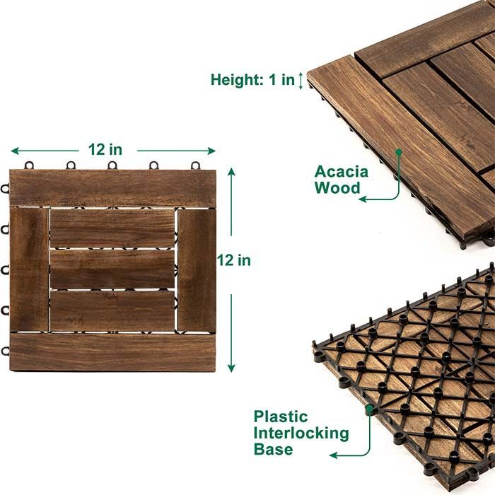 Acacia Wood Interlocking Flooring Tiles, 10 Pack, 12 x 12 Inch