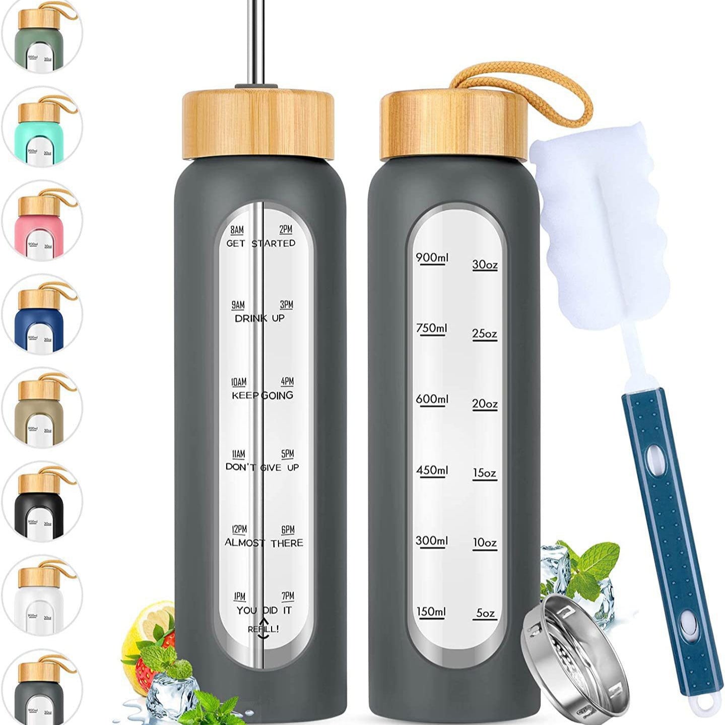 Large Capacity Portable Glass Water Bottle with Time Marker