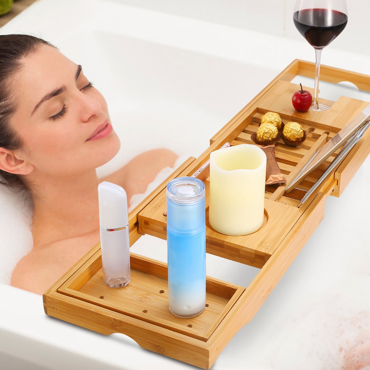 Extendable Bamboo Bathtub Caddy Tray With Wine Glass Holder, Tablet And Phone Rack, Bathroom Spa Bath Tray Table For Relaxing Reading Or Soaking