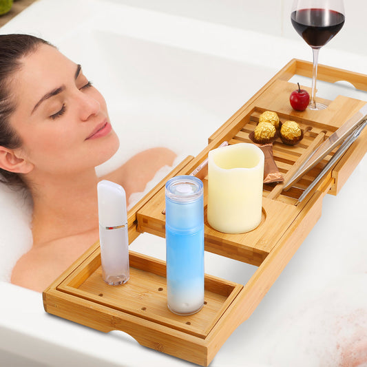 Extendable Bamboo Bathtub Caddy Tray With Wine Glass Holder, Tablet And Phone Rack, Bathroom Spa Bath Tray Table For Relaxing Reading Or Soaking