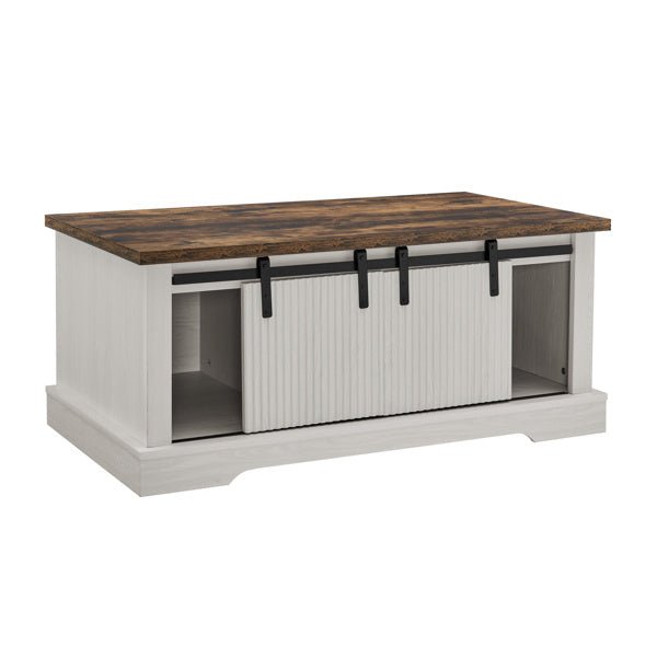 Rustic Farmhouse Coffee Table with Sliding Doors & Storage Shelves - 41 Inch - DonoHome