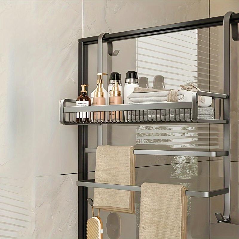Punch-free Bathroom Towel Rack – Over-the-door Shower Glass Hook with Multi-tier Storage Shelf