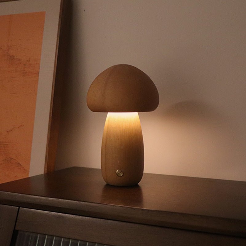 Wooden Mushroom LED Night Light, Touch-Activated Bedside Table Lamp