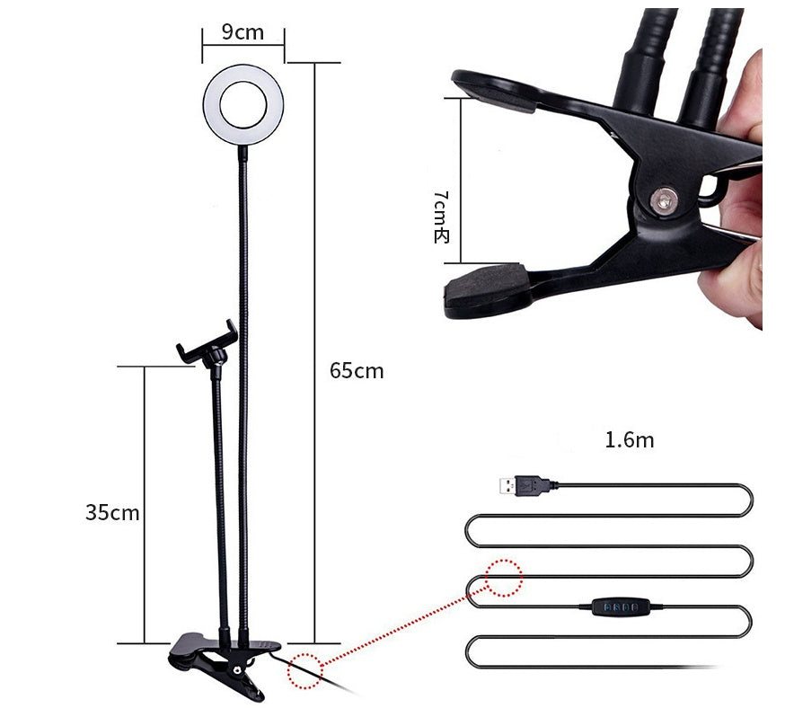 Measurement chart of a stand with a clamp and cable, showing dimensions and layout.