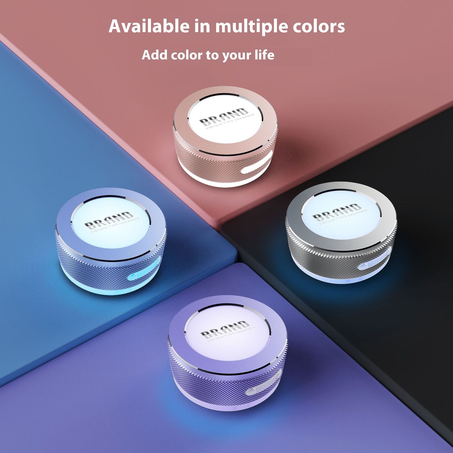 Four round devices with different colored lights on a multicolored background, promoting color variety.