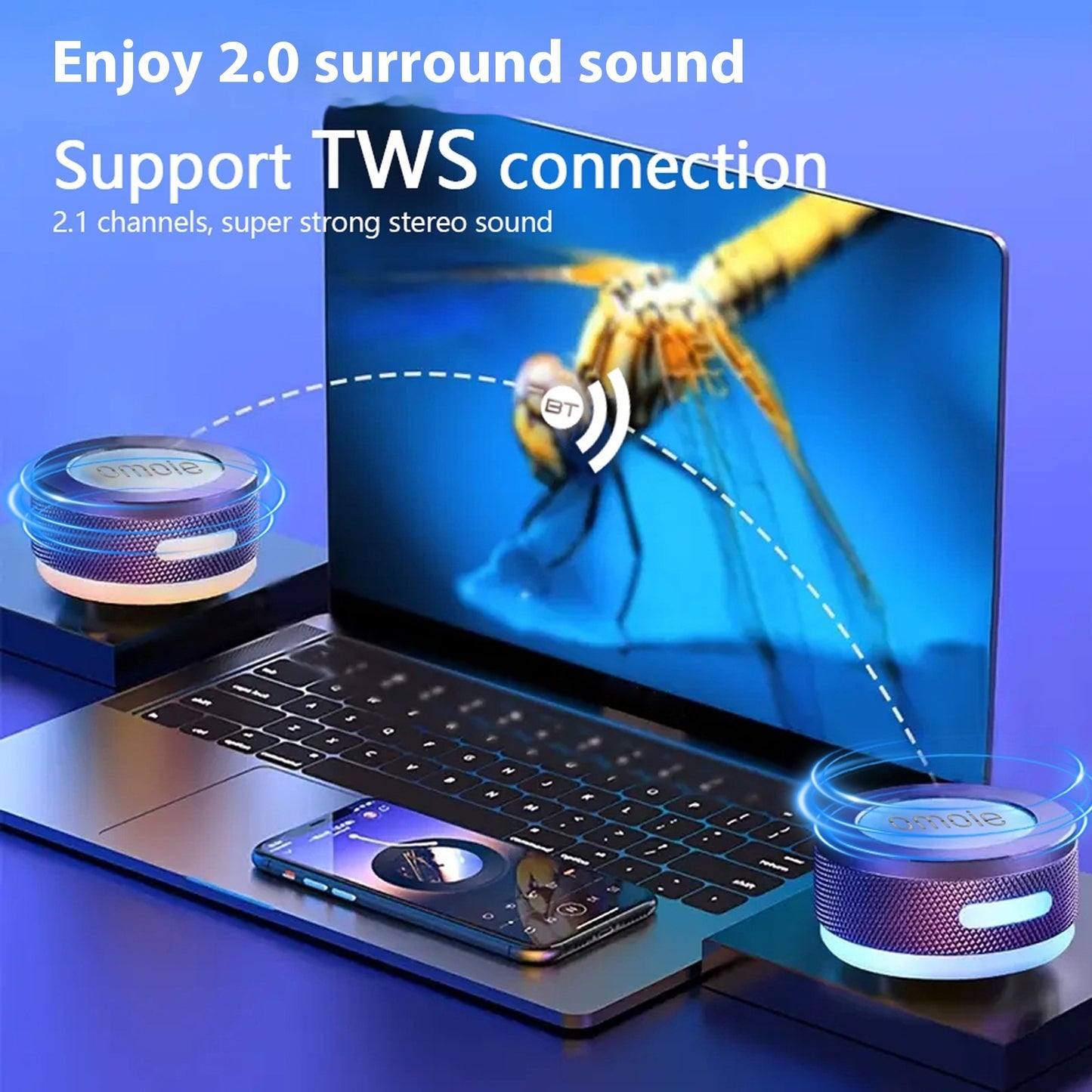Laptop with two wireless speakers on a blue background, highlighting 2.0 surround sound and TWS connection features.