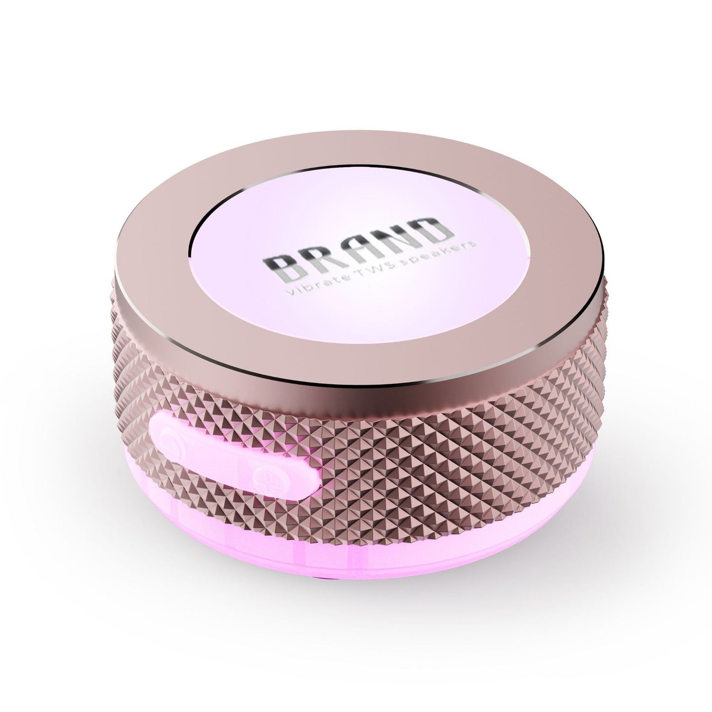 Metallic pink and rose gold container with 'BRAND' label on a white background