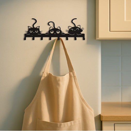 Black cat-shaped wall hook with a beige apron hanging on it, against a kitchen wall.
