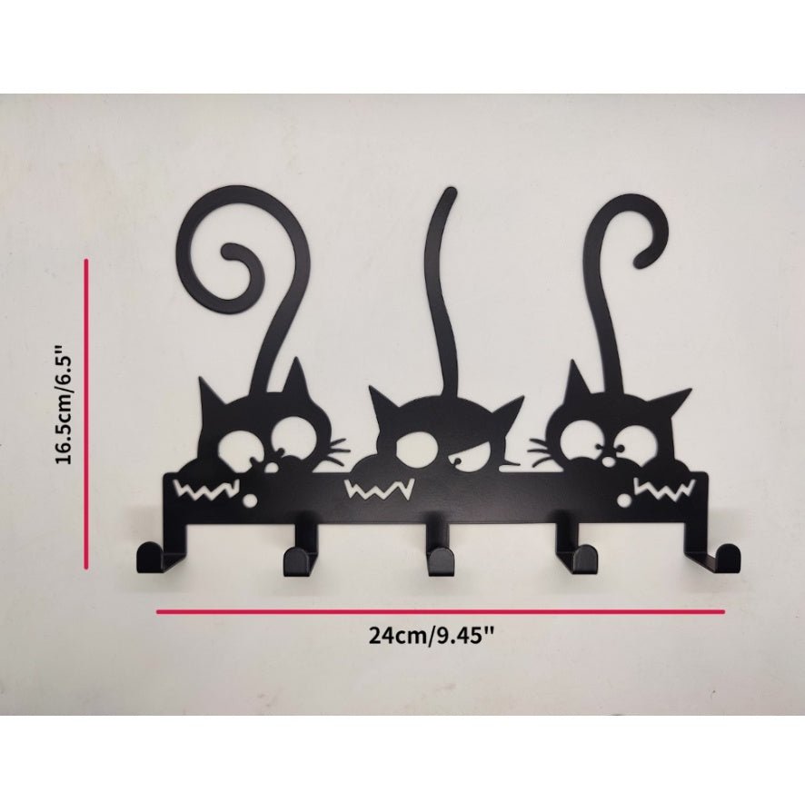 Black cat-shaped wall hook with measurements on a light gray background