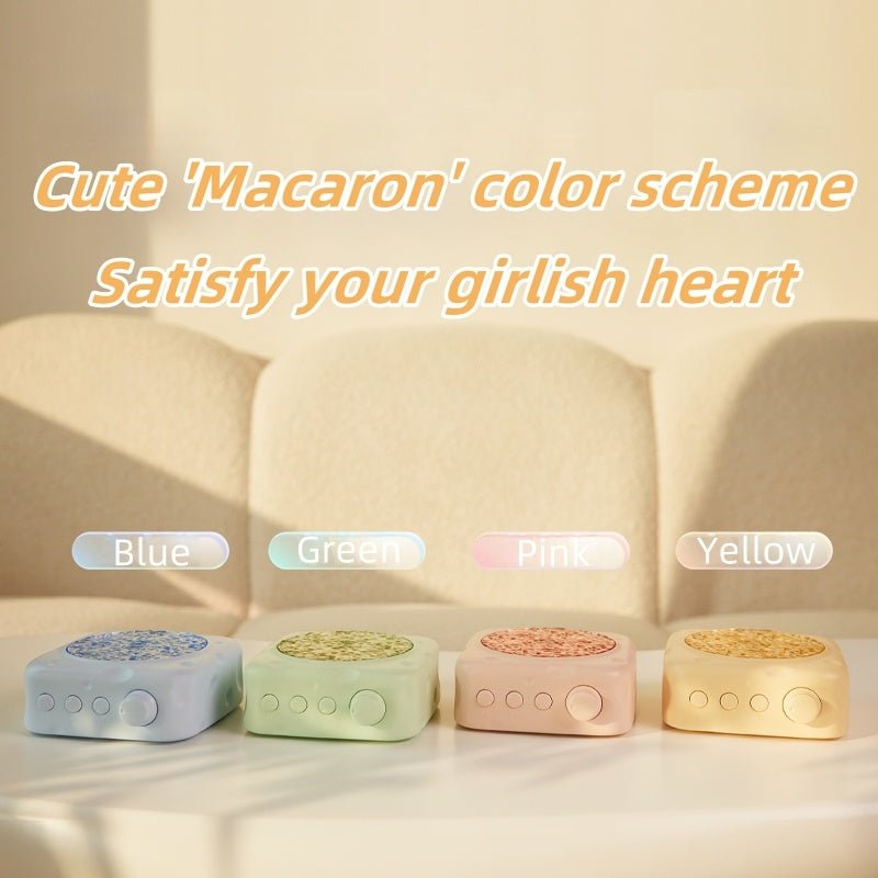 Four small electronic devices in pastel colors on a light background with text about a 'Macaron' color scheme.