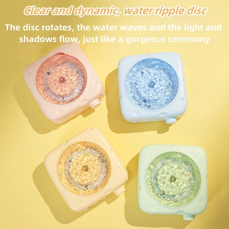 Four colorful water ripple discs on a yellow background with text describing their dynamic nature.