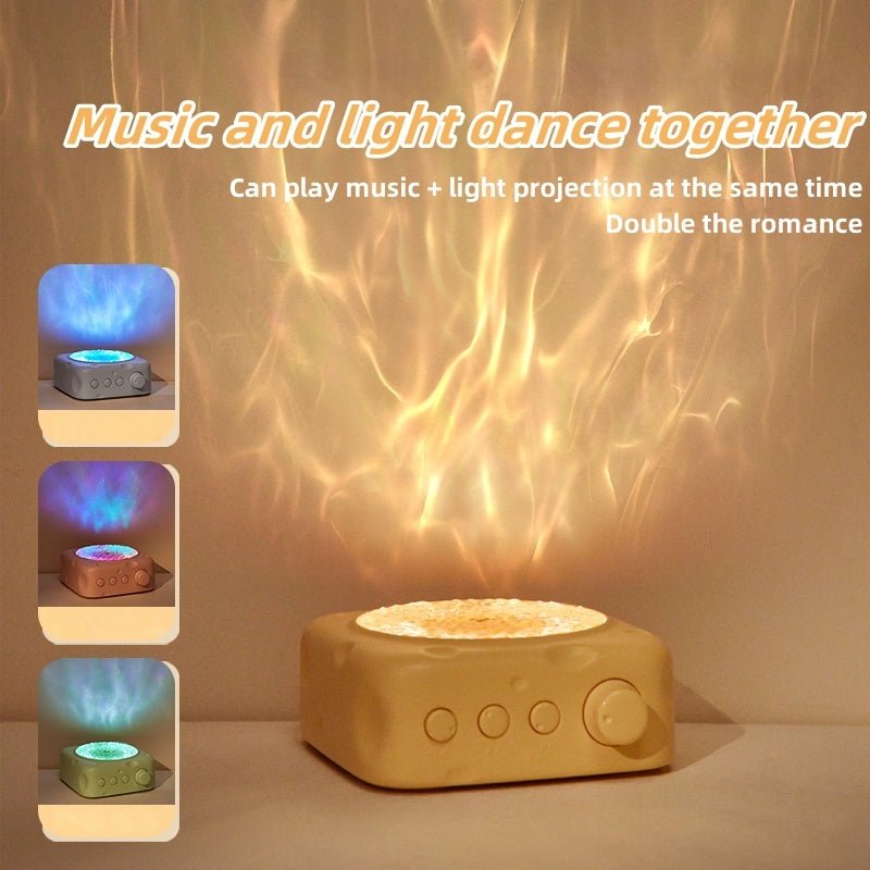 Music and light projection device with flame-like light effect on a beige background