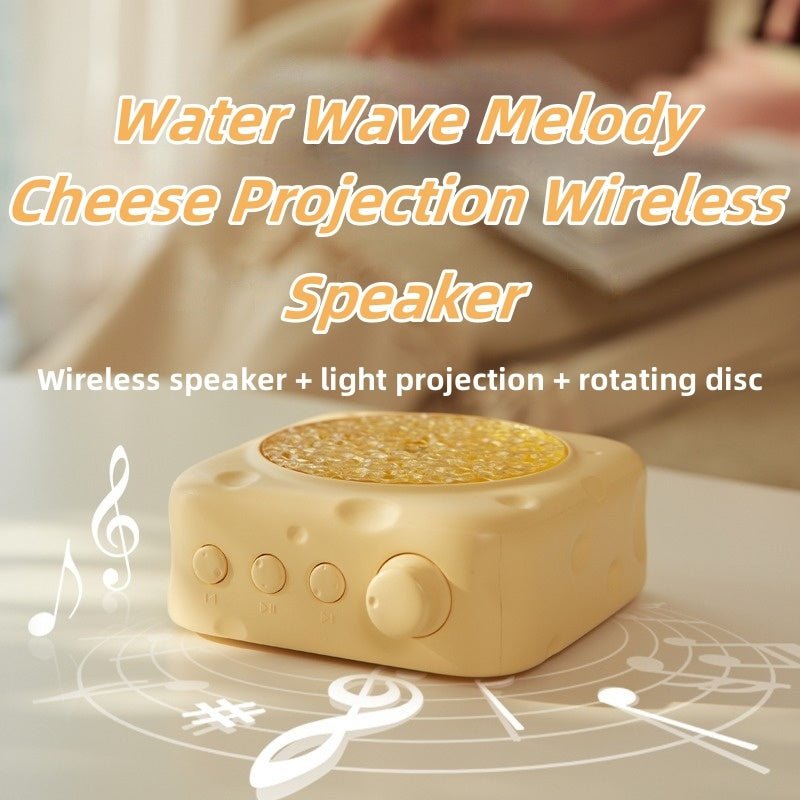 Wireless speaker with light projection and rotating disc on a soft background