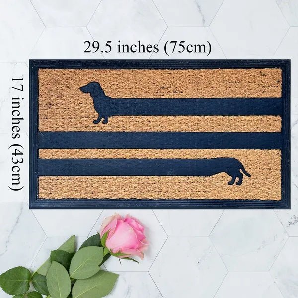 Doormat with dachshund design and measurements on a white background