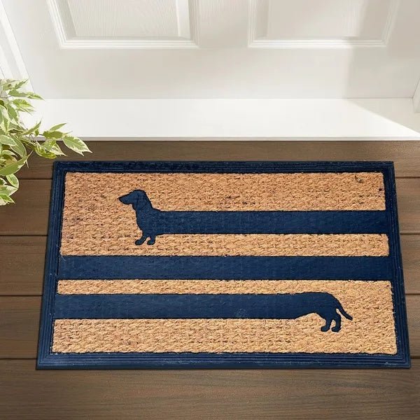 Doormat with dachshund design on a wooden floor