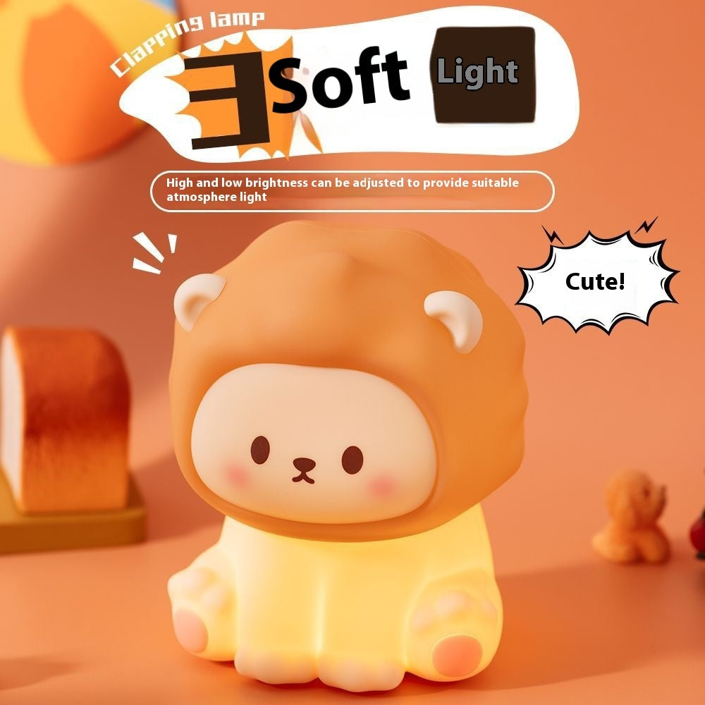 Cute animal-shaped lamp in a lion costume with '3soft Light' branding on an orange background.
