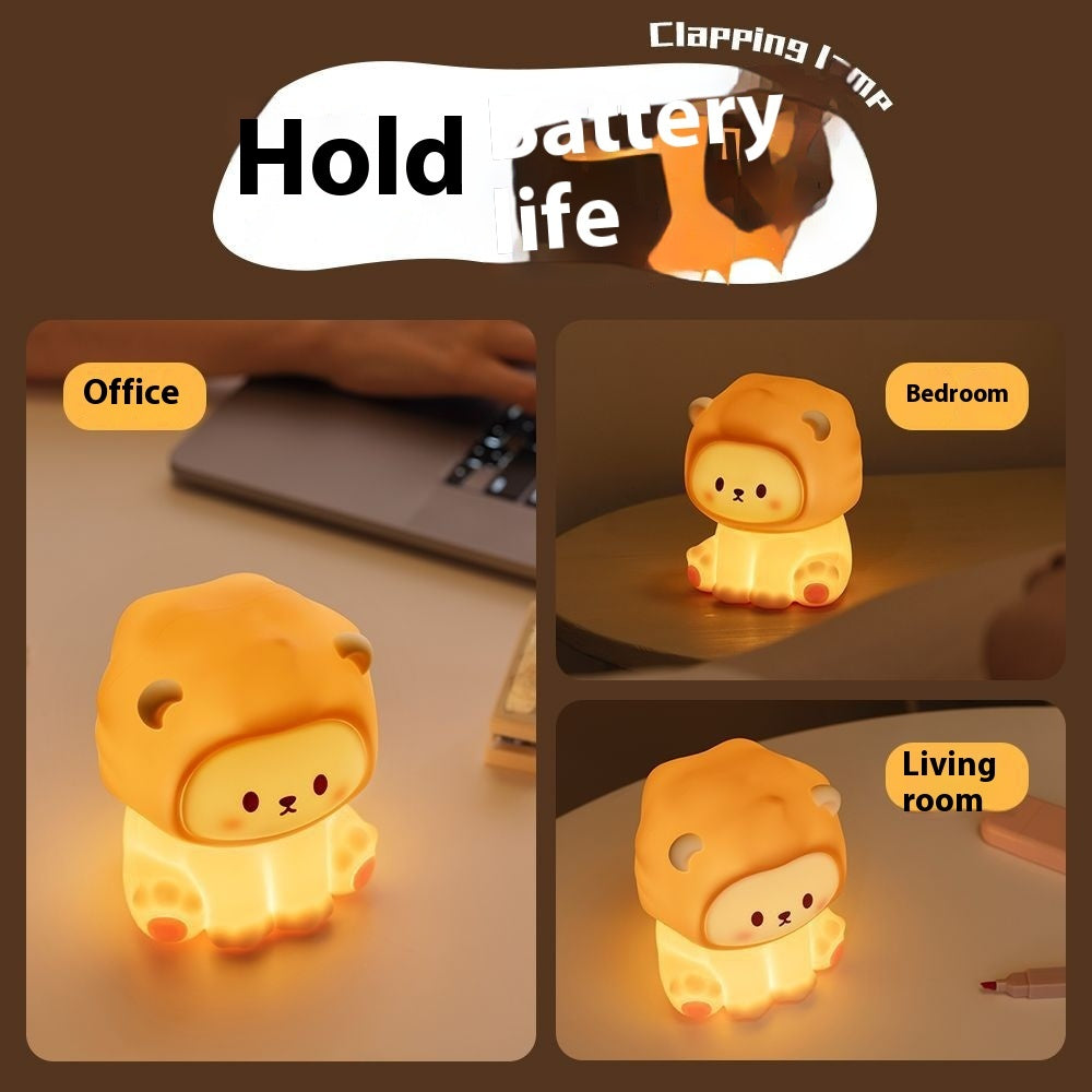 Cute animal-shaped night light with usage scenarios in office, bedroom, and living room.