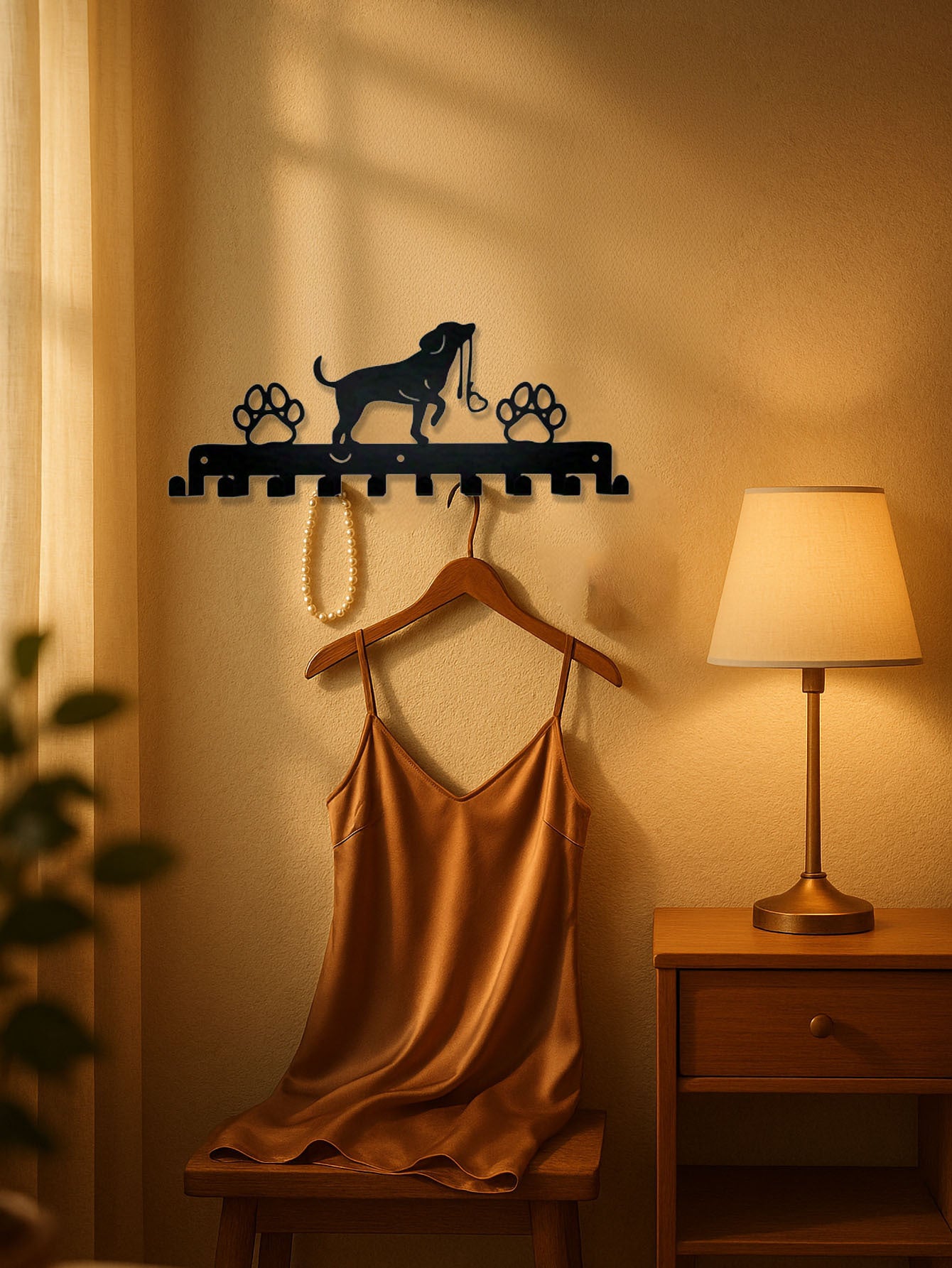 Decorative wall hook with dog silhouette, hanger, and pearl necklace on a wooden surface with lamp and plant.